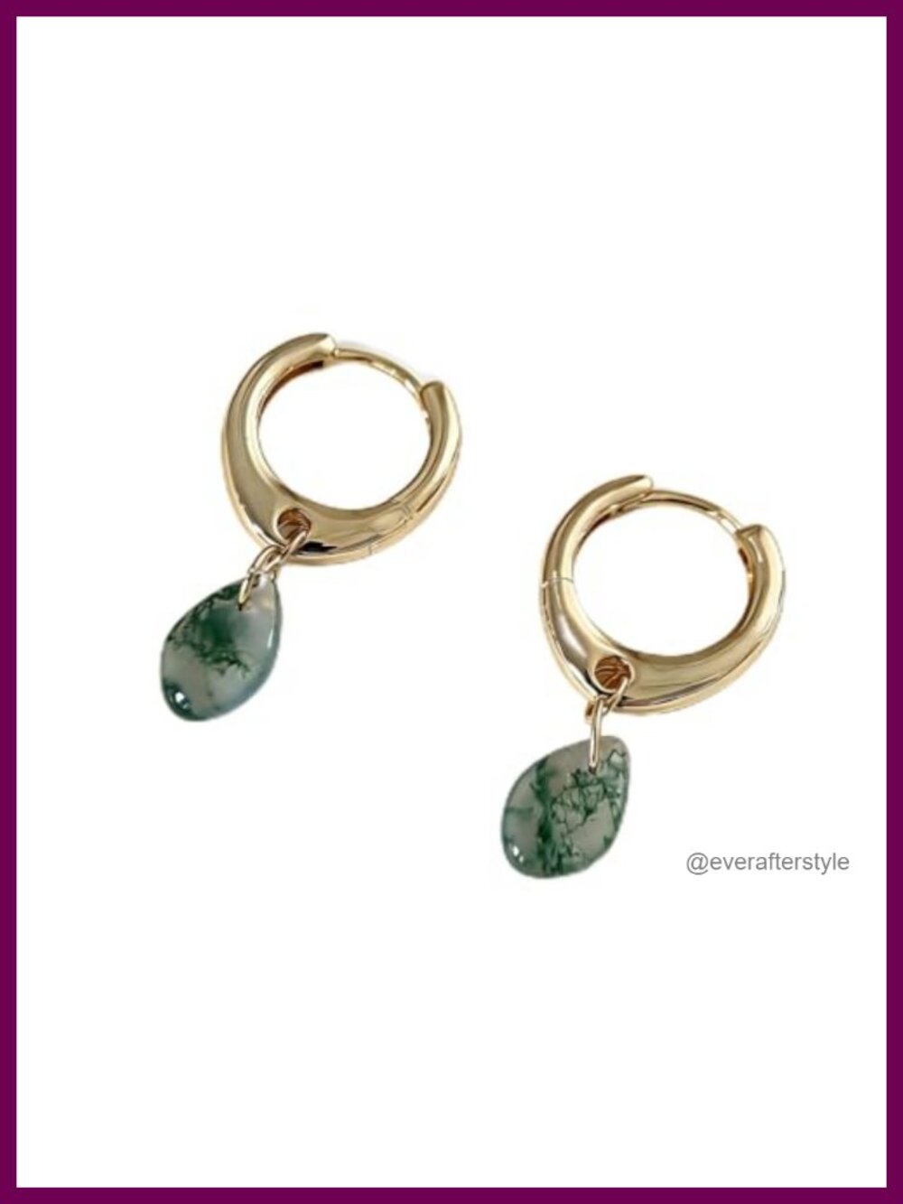 Chunky Gold Plated Huggie Hoop Earrings with Natural Moss Agate Charms
